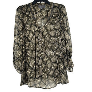 PJK Patterson J Kincaid Brown Snake Print Button Up Shirt Leather Trim Size M